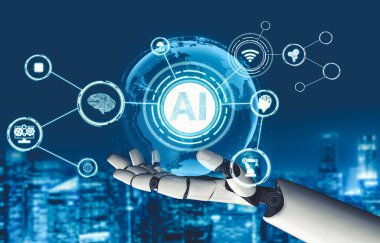 Geleceğin yapay zekası robot yapay zeka kavramını düşünüyor.