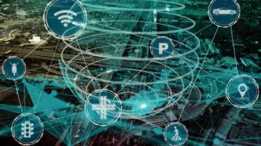 Yeni şehir yolunda gelecekteki araba trafiği için akıllı ulaşım teknolojisi kavramı