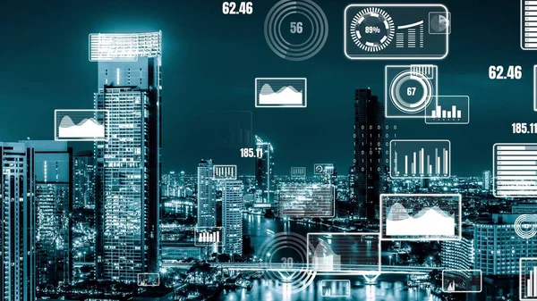 Business data analytické rozhraní létat nad chytrým městem ukazuje změny budoucnosti — Stock fotografie