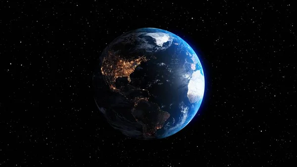 Pianeta terra con superficie geografica realistica e atmosfera nuvolosa 3D orbitale — Foto Stock