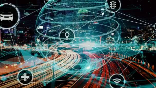 Концепція технології розумного транспорту для майбутніх автомобільних перевезень на новітній міській дорозі — стокове відео