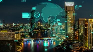 İş verisi analitik arayüzü, geleceği gösteren akıllı şehir üzerinde uçar