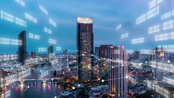 Business data analytické rozhraní létat nad chytrým městem ukazuje změny budoucnosti — Stock video