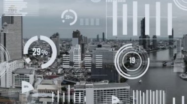 İş verisi analitik arayüzü, geleceği gösteren akıllı şehir üzerinde uçar