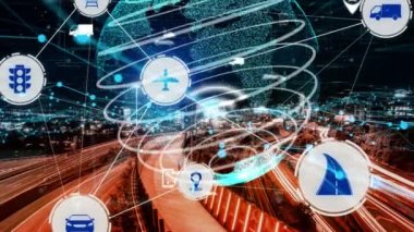 Yeni şehir yolunda gelecekteki araba trafiği için akıllı ulaşım teknolojisi kavramı