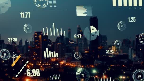 Interface analítica de dados de negócios sobrevoa cidade inteligente mostrando futuro de alteração — Vídeo de Stock