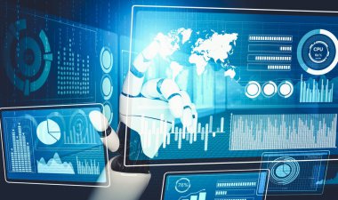 Geleceğin yapay zekası robot yapay zeka kavramını düşünüyor.