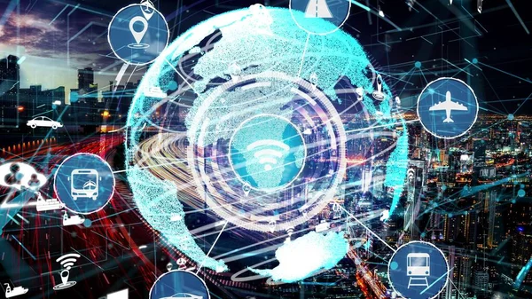 Yeni şehir yolunda gelecekteki araba trafiği için akıllı ulaşım teknolojisi kavramı