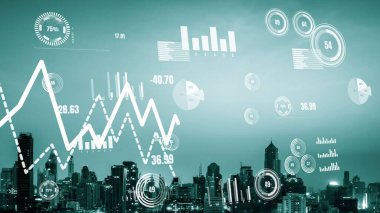İş verisi analitik arayüzü, geleceği gösteren akıllı şehir üzerinde uçar