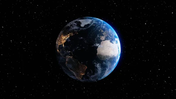 Planet jord med realistisk geografi yta och omloppsbana 3D moln atmosfär — Stockfoto