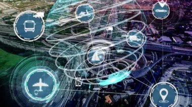 Yeni şehir yolunda gelecekteki araba trafiği için akıllı ulaşım teknolojisi kavramı