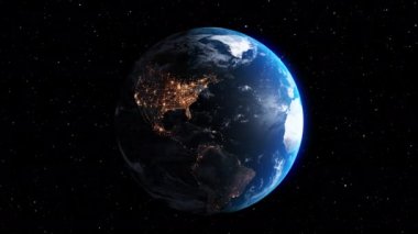 Gerçekçi coğrafya yüzeyi ve bulutları olan Dünya Gezegeni 3D yörünge animasyonu