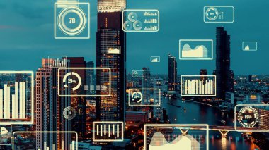 İş verisi analitik arayüzü, geleceği gösteren akıllı şehir üzerinde uçar