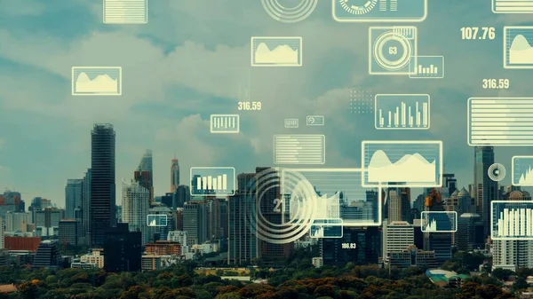 Business data analytic interface πετάξει πάνω από έξυπνη πόλη δείχνει μεταβολή μέλλον — Φωτογραφία Αρχείου