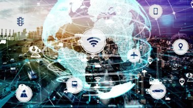 Yeni şehir yolunda gelecekteki araba trafiği için akıllı ulaşım teknolojisi kavramı