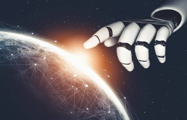 Geleceğin yapay zekası robot yapay zeka kavramını düşünüyor.