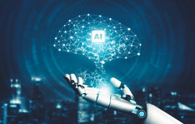 Geleceğin yapay zekası robot yapay zeka kavramını düşünüyor.