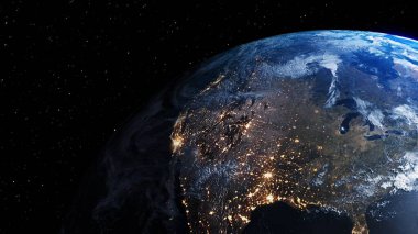 Gerçekçi coğrafya yüzeyi ve yörüngesel 3D bulut atmosferine sahip Dünya gezegeni