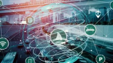 Yeni şehir yolunda gelecekteki araba trafiği için akıllı ulaşım teknolojisi kavramı