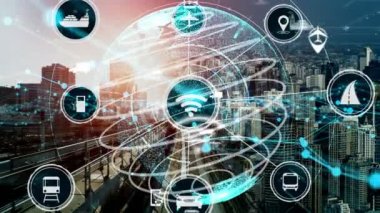 Yeni şehir yolunda gelecekteki araba trafiği için akıllı ulaşım teknolojisi kavramı