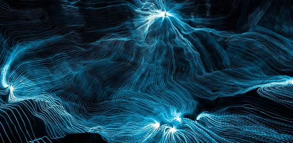 Абстрактна хвиля цифрових ліній переплетення, що з'єднують мережеві точки та темний фон — стокове фото