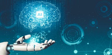 Geleceğin yapay zekası robot yapay zeka kavramını düşünüyor.
