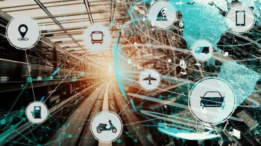 Yeni şehir yolunda gelecekteki araba trafiği için akıllı ulaşım teknolojisi kavramı