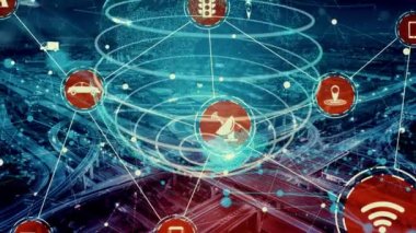 Yeni şehir yolunda gelecekteki araba trafiği için akıllı ulaşım teknolojisi kavramı