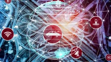 Yeni şehir yolunda gelecekteki araba trafiği için akıllı ulaşım teknolojisi kavramı