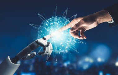 Geleceğin yapay zekası robot yapay zeka kavramını düşünüyor.