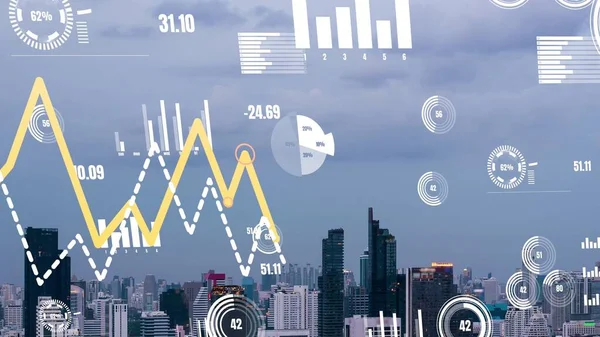 İş verisi analitik arayüzü, geleceği gösteren akıllı şehir üzerinde uçar