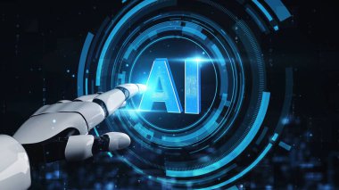 Gelecekçi robot yapay zeka yapay zeka yapay zekayı aydınlatıyor ve makine öğrenme kavramını geliştiriyor. İnsan hayatının geleceği için küresel robot biyonik bilim araştırması. 3B görüntüleme grafiği.