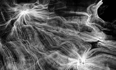 Ağ noktaları ve karanlık arkaplanı birbirine bağlayan soyut dijital dokuma çizgileri dalgası. Modern 3D ağ desenli geometrik, gelecekçi bilgisayar teknolojisi kavramlarını gösteriyor. .