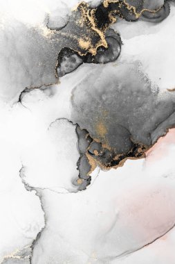 Kağıt üzerinde mermer sıvı mürekkep resminin siyah altın soyut arka planı. Yüksek kaliteli kağıt dokusu üzerine orijinal suluboya alkol mürekkebi resmi .