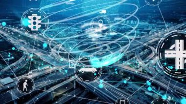 Yeni şehir yolunda gelecekteki araba trafiği için akıllı ulaşım teknolojisi kavramı