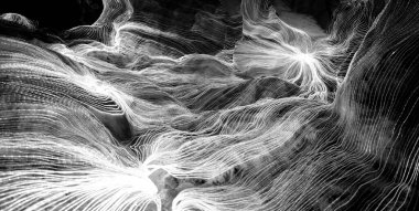 Ağ noktaları ve koyu arkaplanı birbirine bağlayan dijital dokuma çizgilerinin soyut dalgası