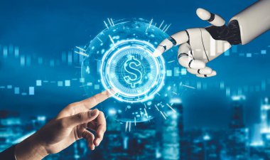 Geleceğin yapay zekası robot yapay zeka kavramını düşünüyor.