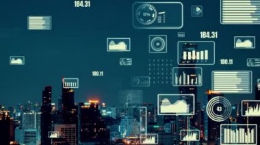 İş verisi analitik arayüzü, geleceği gösteren akıllı şehir üzerinde uçar