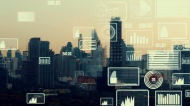 İş verisi analitik arayüzü, geleceği gösteren akıllı şehir üzerinde uçar