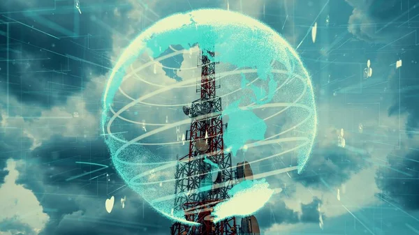Távközlési torony 3D-s grafikával a globális üzleti átalakulás — Stock Fotó