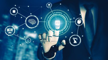 Geleceğin yapay zekası robot yapay zeka kavramını düşünüyor.