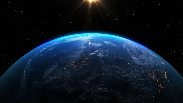 Planet earth with realistic geography surface and orbital 3D cloud atmosphere — 图库照片