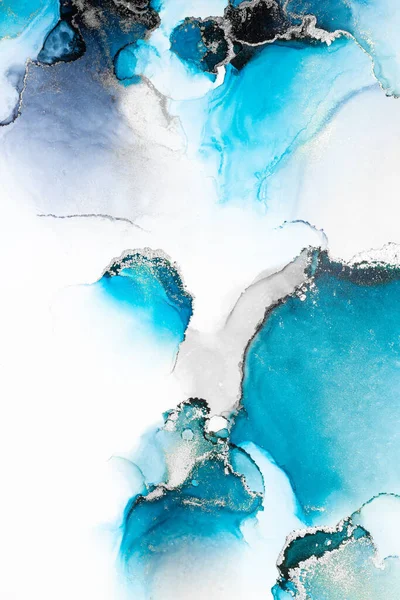 Синий серебряный абстрактный фон мраморной живописи жидкими чернилами на бумаге . — стоковое фото