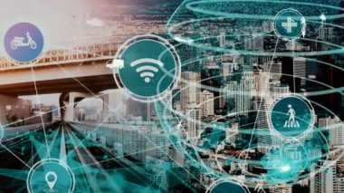 Yeni şehir yolunda gelecekteki araba trafiği için akıllı ulaşım teknolojisi kavramı