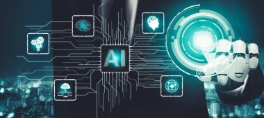 Geleceğin yapay zekası robot yapay zeka kavramını düşünüyor.