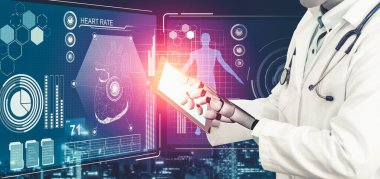 Gelecekteki hastanelerde çalışan tıbbi yapay zeka robotu.