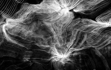 Ağ noktaları ve koyu arkaplanı birbirine bağlayan dijital dokuma çizgilerinin soyut dalgası