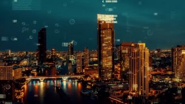 İş verisi analitik arayüzü, geleceği gösteren akıllı şehir üzerinde uçar