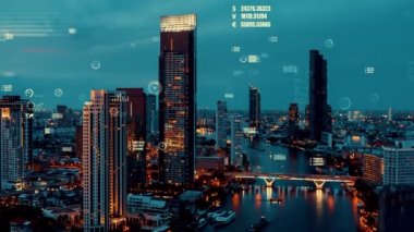 İş verisi analitik arayüzü, geleceği gösteren akıllı şehir üzerinde uçar