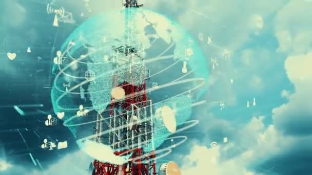 Telekomunikační věž s 3D grafem globální obchodní změny — Stock video